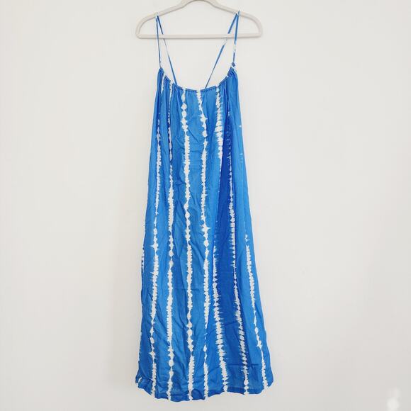 ZARA Blue Striped Tie Dye Linen Spaghetti Strap Midi / Maxi Dress Size XXL - Picture 3 of 11